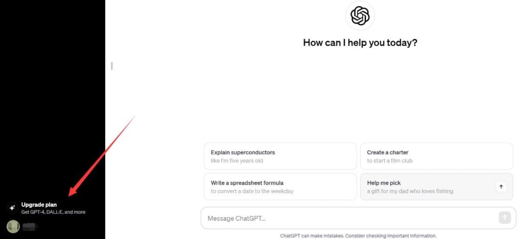 登录你的ChatGPT帐号,并点击左下角的“Upgrade plan”:ChatGPT Plus开通教程,如何使用支付宝完成ChatGPT Plus充值